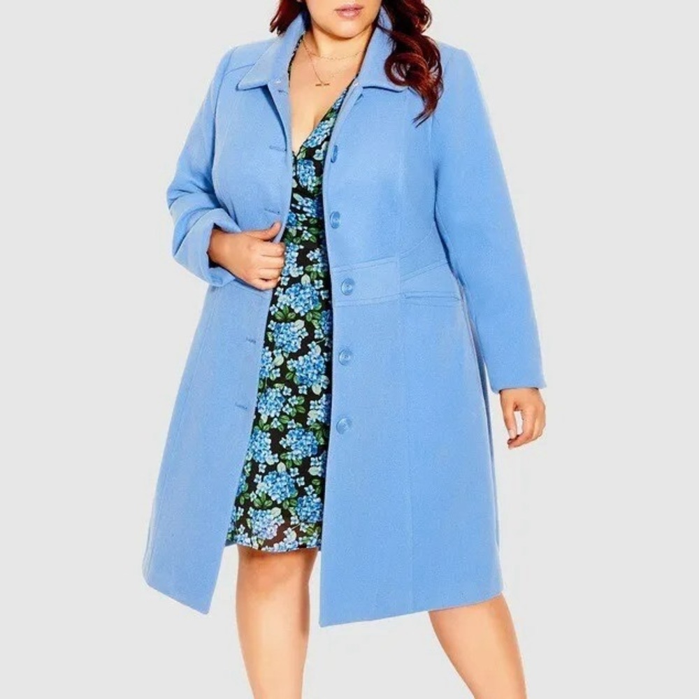 City Chic Pea Coat with Detachable Fur - Size 12 - Ice Blue